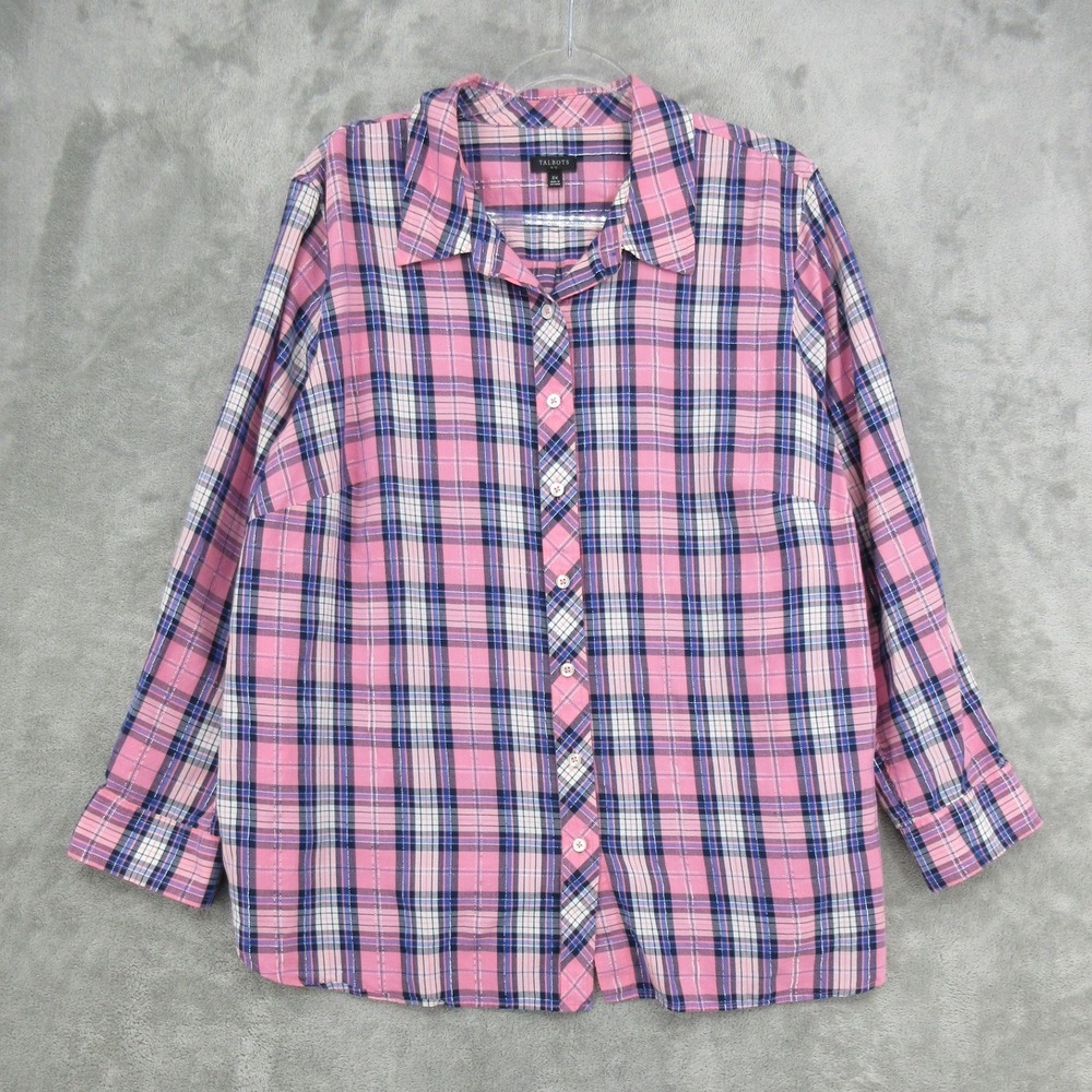 Talbots Shirt Womens Size 2X Plaid Metallic Button Front Relaxed Preppy Pink